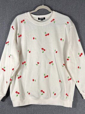 Vinyl Icons Embroided Crewneck Sweatshirt Sz Lg Pink/White/Red/Green Cherries